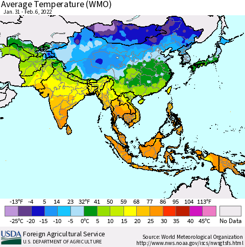 Asia Average Temperature (WMO) Thematic Map For 1/31/2022 - 2/6/2022