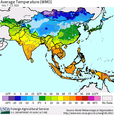 Asia Average Temperature (WMO) Thematic Map For 2/7/2022 - 2/13/2022