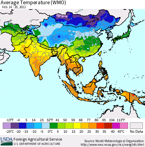 Asia Average Temperature (WMO) Thematic Map For 2/14/2022 - 2/20/2022