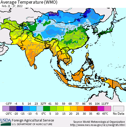 Asia Average Temperature (WMO) Thematic Map For 2/21/2022 - 2/27/2022
