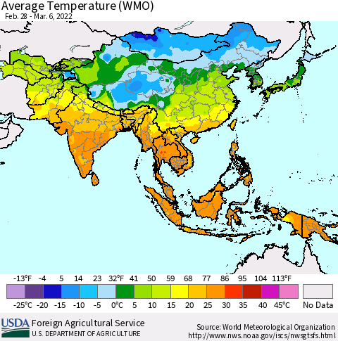 Asia Average Temperature (WMO) Thematic Map For 2/28/2022 - 3/6/2022