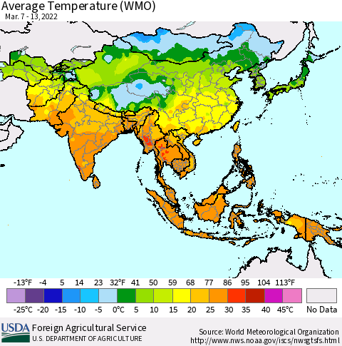 Asia Average Temperature (WMO) Thematic Map For 3/7/2022 - 3/13/2022
