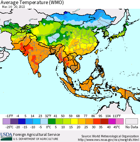 Asia Average Temperature (WMO) Thematic Map For 3/14/2022 - 3/20/2022