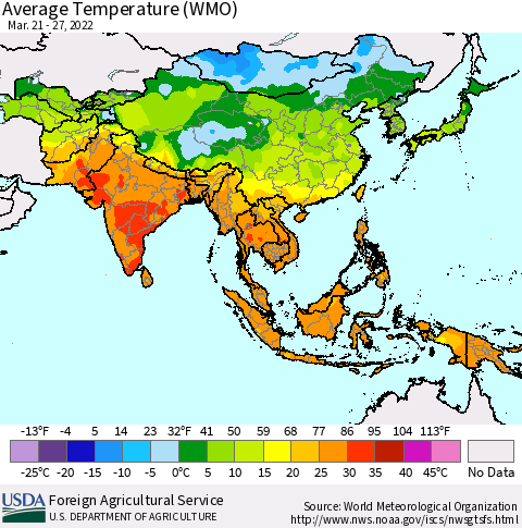 Asia Average Temperature (WMO) Thematic Map For 3/21/2022 - 3/27/2022