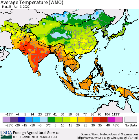 Asia Average Temperature (WMO) Thematic Map For 3/28/2022 - 4/3/2022