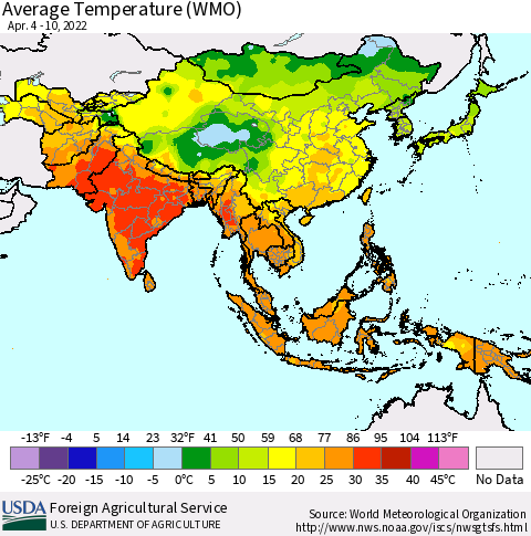 Asia Average Temperature (WMO) Thematic Map For 4/4/2022 - 4/10/2022