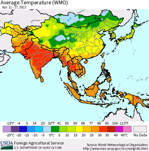 Asia Average Temperature (WMO) Thematic Map For 4/11/2022 - 4/17/2022