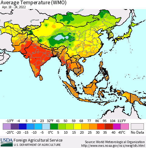 Asia Average Temperature (WMO) Thematic Map For 4/18/2022 - 4/24/2022