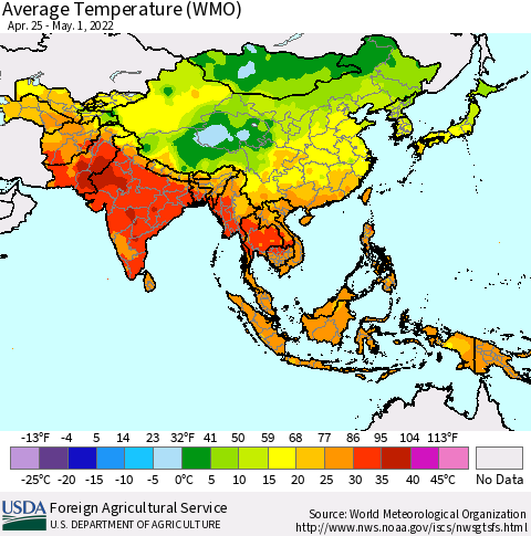 Asia Average Temperature (WMO) Thematic Map For 4/25/2022 - 5/1/2022
