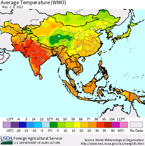 Asia Average Temperature (WMO) Thematic Map For 5/2/2022 - 5/8/2022