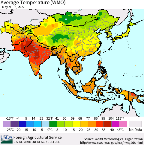 Asia Average Temperature (WMO) Thematic Map For 5/9/2022 - 5/15/2022
