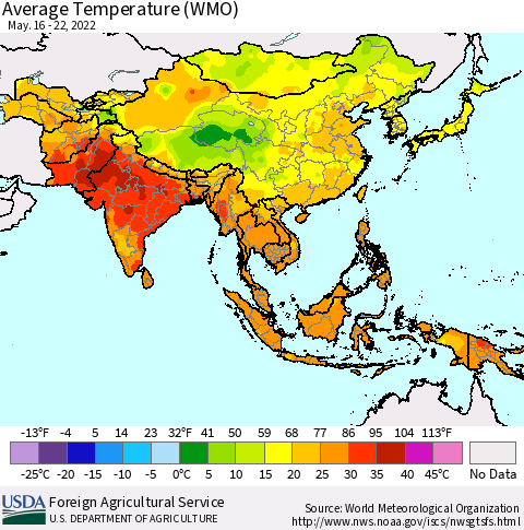 Asia Average Temperature (WMO) Thematic Map For 5/16/2022 - 5/22/2022