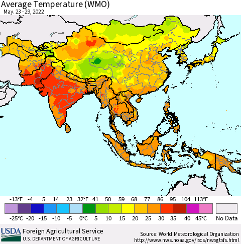 Asia Average Temperature (WMO) Thematic Map For 5/23/2022 - 5/29/2022