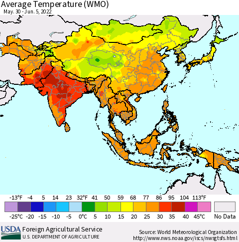 Asia Average Temperature (WMO) Thematic Map For 5/30/2022 - 6/5/2022