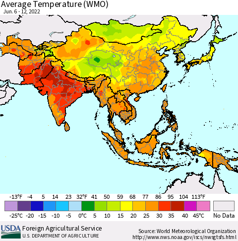 Asia Average Temperature (WMO) Thematic Map For 6/6/2022 - 6/12/2022
