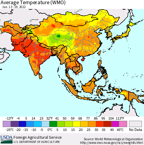 Asia Average Temperature (WMO) Thematic Map For 6/13/2022 - 6/19/2022