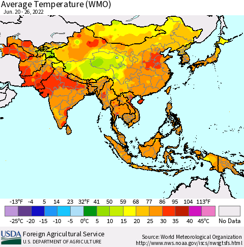 Asia Average Temperature (WMO) Thematic Map For 6/20/2022 - 6/26/2022