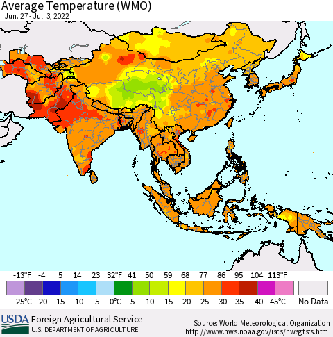 Asia Average Temperature (WMO) Thematic Map For 6/27/2022 - 7/3/2022