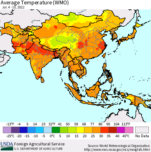 Asia Average Temperature (WMO) Thematic Map For 7/4/2022 - 7/10/2022