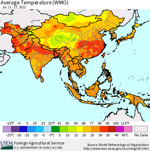 Asia Average Temperature (WMO) Thematic Map For 7/11/2022 - 7/17/2022