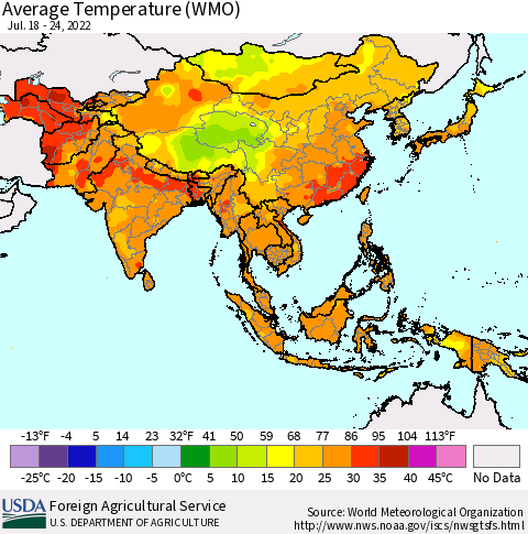 Asia Average Temperature (WMO) Thematic Map For 7/18/2022 - 7/24/2022