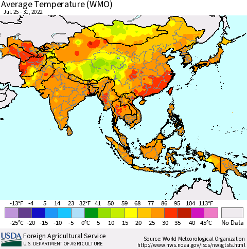 Asia Average Temperature (WMO) Thematic Map For 7/25/2022 - 7/31/2022
