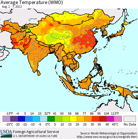 Asia Average Temperature (WMO) Thematic Map For 8/1/2022 - 8/7/2022