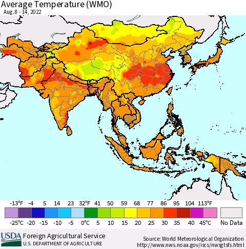 Asia Average Temperature (WMO) Thematic Map For 8/8/2022 - 8/14/2022