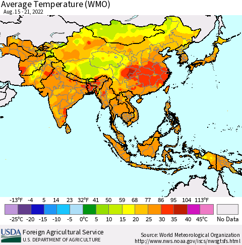 Asia Average Temperature (WMO) Thematic Map For 8/15/2022 - 8/21/2022