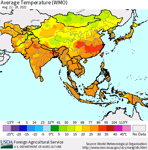 Asia Average Temperature (WMO) Thematic Map For 8/22/2022 - 8/28/2022