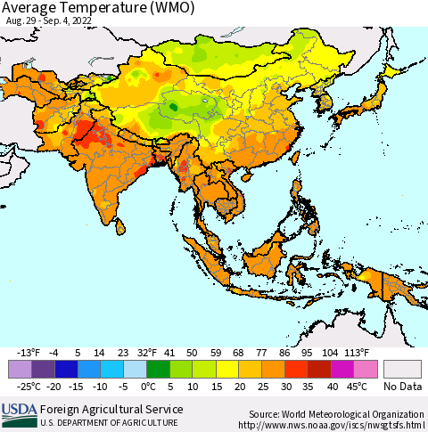 Asia Average Temperature (WMO) Thematic Map For 8/29/2022 - 9/4/2022