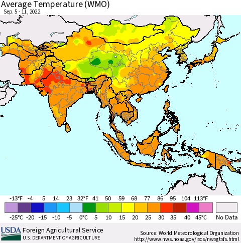 Asia Average Temperature (WMO) Thematic Map For 9/5/2022 - 9/11/2022
