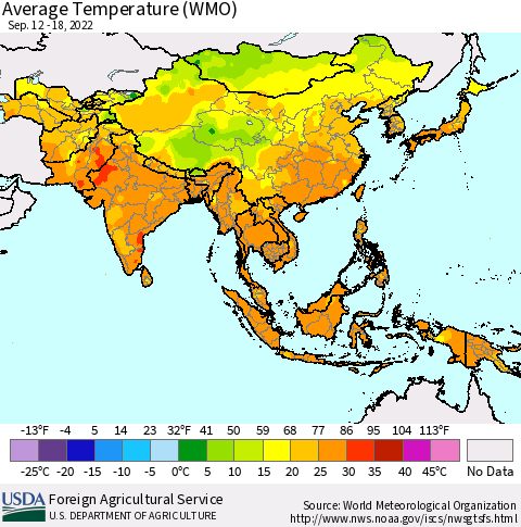 Asia Average Temperature (WMO) Thematic Map For 9/12/2022 - 9/18/2022
