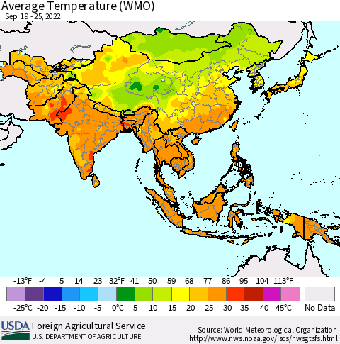 Asia Average Temperature (WMO) Thematic Map For 9/19/2022 - 9/25/2022