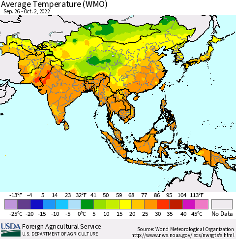 Asia Average Temperature (WMO) Thematic Map For 9/26/2022 - 10/2/2022