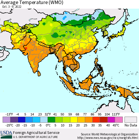 Asia Average Temperature (WMO) Thematic Map For 10/3/2022 - 10/9/2022