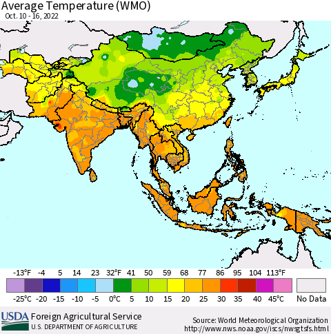 Asia Average Temperature (WMO) Thematic Map For 10/10/2022 - 10/16/2022