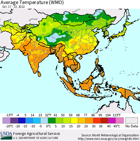 Asia Average Temperature (WMO) Thematic Map For 10/17/2022 - 10/23/2022