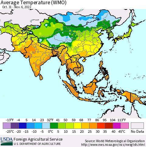 Asia Average Temperature (WMO) Thematic Map For 10/31/2022 - 11/6/2022