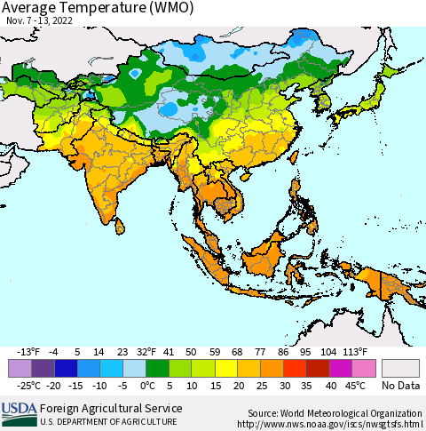 Asia Average Temperature (WMO) Thematic Map For 11/7/2022 - 11/13/2022
