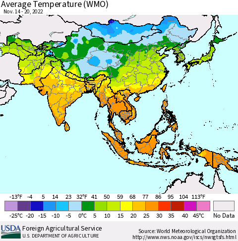 Asia Average Temperature (WMO) Thematic Map For 11/14/2022 - 11/20/2022