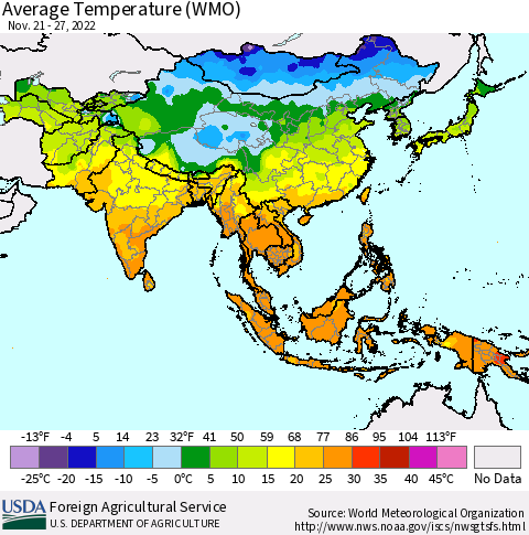 Asia Average Temperature (WMO) Thematic Map For 11/21/2022 - 11/27/2022