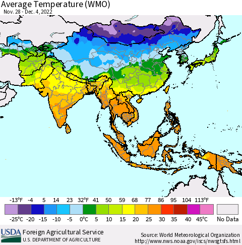 Asia Average Temperature (WMO) Thematic Map For 11/28/2022 - 12/4/2022
