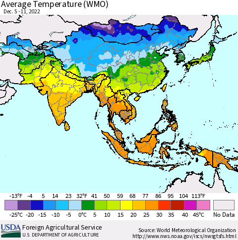 Asia Average Temperature (WMO) Thematic Map For 12/5/2022 - 12/11/2022