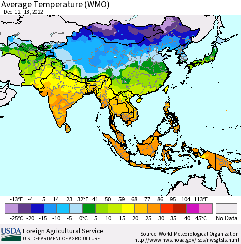 Asia Average Temperature (WMO) Thematic Map For 12/12/2022 - 12/18/2022