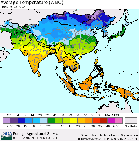 Asia Average Temperature (WMO) Thematic Map For 12/19/2022 - 12/25/2022