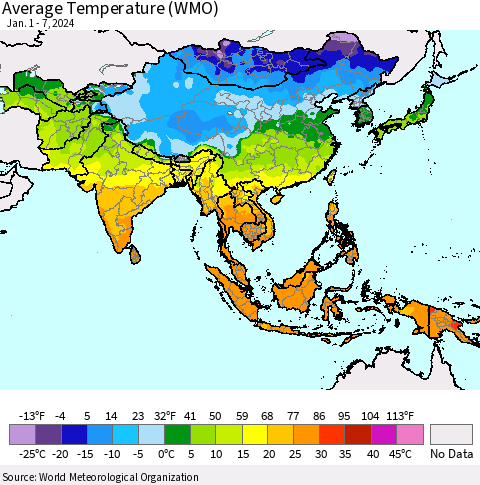 Asia Average Temperature (WMO) Thematic Map For 1/1/2024 - 1/7/2024