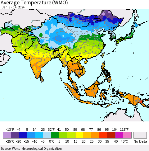 Asia Average Temperature (WMO) Thematic Map For 1/8/2024 - 1/14/2024