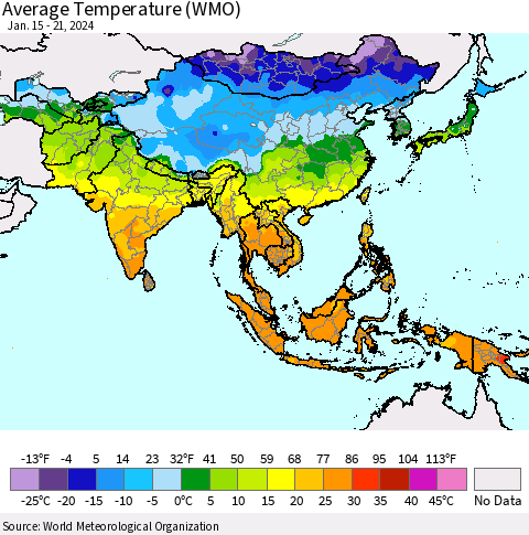 Asia Average Temperature (WMO) Thematic Map For 1/15/2024 - 1/21/2024