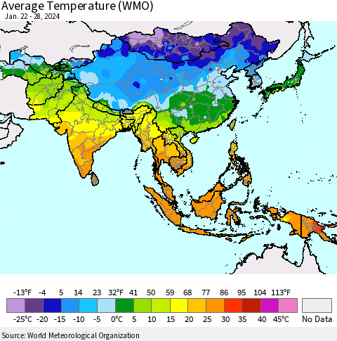 Asia Average Temperature (WMO) Thematic Map For 1/22/2024 - 1/28/2024